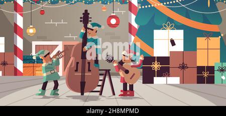 elves with musical instruments santa helpers team playing guitar and trumpet happy new year christmas holidays celebration Stock Vector