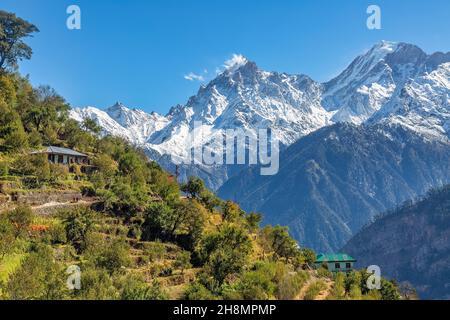 Scenic landscape at Kalpa hill station of Himachal Pradesh with forests on the mountain slopes and view of majestic Kinnaur Kailash Himalaya range Stock Photo