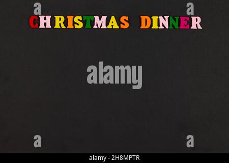 Christmas Dinner menu template on black background. Copy space for text. Christmas menu background concept. Design card for a restaurant menu for a Ch Stock Photo