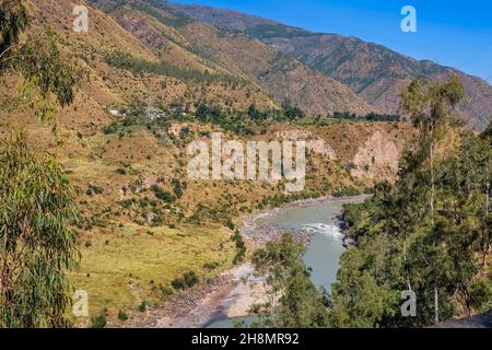 Aerial view of river Sutluj flowing through the scenic hill station of Sarahan at Himachal Pradesh, India Stock Photo