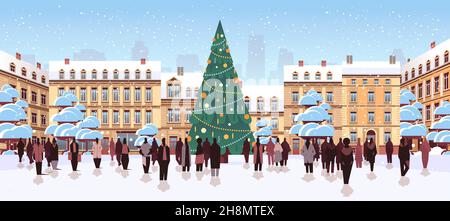 people silhouettes walking near decorated christmas tree on city street new year holidays celebration Stock Vector