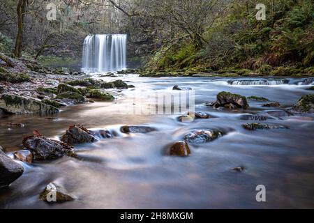 Sgwd yr Eira waterfall or fall of snow along the Four Waterfalls walk, Waterfall Country, Brecon Beacons national park, South Wales, the United Kingdom Stock Photo