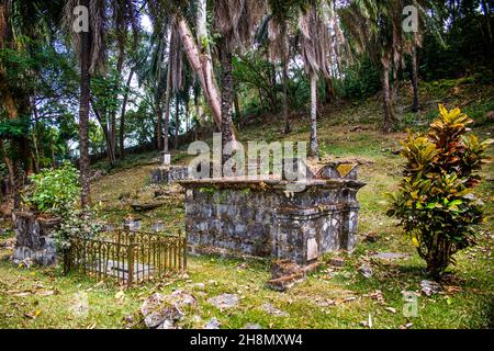 Historic Bel Air Cemetery, although already badly dilapidated, is a national monument and one of the sights on the island with graves of famous Stock Photo