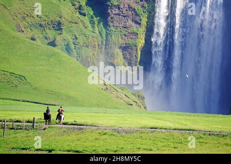 Water masses plummeting vertically into the depths, reflection in the water, green landscape, two riders on Icelandic horses, Skogafoss, Iceland Stock Photo