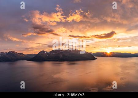 Sunset over the mountains at Ullsfjord, aerial view, Troms og Finnmark, Norway Stock Photo