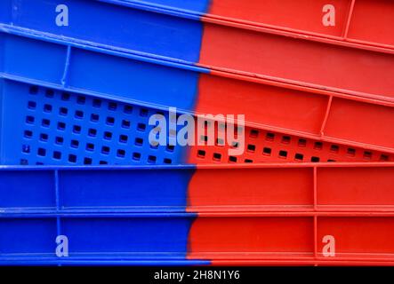 Colourful transport boxes for fish, stacked in the harbour of Hvide Sande, Harbour, Hvide Sande, Syddanmark, Denmark Stock Photo