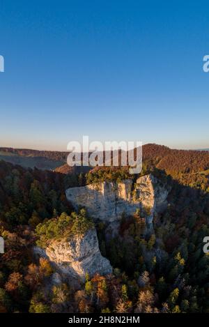 Basel Rocks Sunset at Ankenballen, prominent limestone rock in Basel Juaa, aerial ...