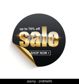 Sale shiny gold word on black sticker with curled edge vector illustration. 3d realistic advertising banner with 70 percent discount in price offer, g Stock Vector