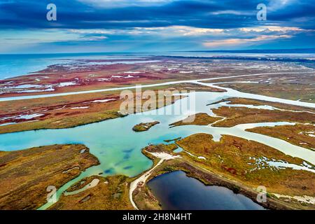 The Delta of Aliakmon ('Haliacmon') river from above. Pieria, Central Macedonia, Greece. Stock Photo