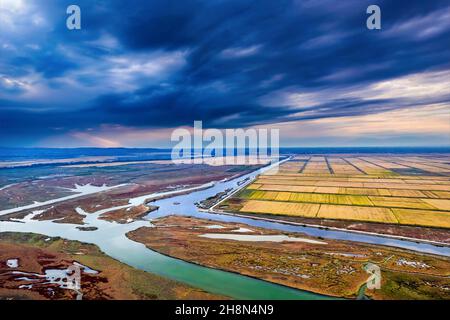 The Delta of Aliakmon ('Haliacmon') river from above. Pieria, Central Macedonia, Greece. Stock Photo