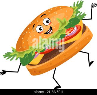 Cute character hamburger with happy emotions, face, smile, eyes, arms and legs. Cheerful fast food person, sandwich with joyful expression. Vector flat illustration of products and meat meals Stock Vector