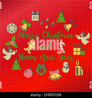 Merry Christmas and Happy New Year greeting card with lettering and gradient background Stock Vector