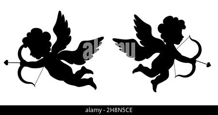 Silhouettes of mythological angel of love Cupid. Cupid, boy with angel wings, bow and arrows. Valentines day symbol. Vector Stock Vector