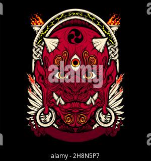 japanese demon mask with awesome background Stock Vector