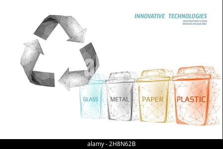 Low poly waste separation 3D concept. Garbage recycle plastic aluminium paper glass container bin. Polygonal ecological save planet campaign. Urban Stock Vector
