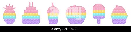 Set of birthday and food forms pop it a fashionable pastel rainbow fidget toys. Addictive anti stress toy in pastel colors. Bubble trendy popit for ki Stock Vector