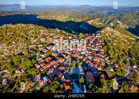 Aerial view of Spilaio, one of the most beautiful Greek mountainous villages. Grevena, West Macedonia, Greece. Stock Photo