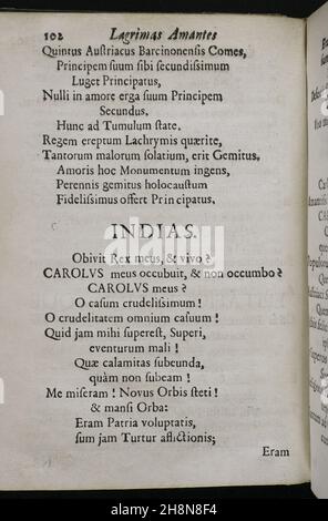 Death of Charles II of Spain (1661-1700). Tears of Love, shed by the eminent City of Barcelona... in the magnificent mourning rituals dedicated to the beloved and venerated memory of her deceased King and Lord, don Carlos II ('Lagrimas amantes de la excelentissima ciudad de Barcelona, con que agradecida a las reales finezas y beneficios, demuestra su amor y su dolor, en las magnificas exequias que celebró a las amadas y venerables memorias de su difunto Rey y Señor, D. Carlos II'). By Josep Rocaberti. Edition in Barcelona, in the printing of Juan Pablo Marti, by Francisco Barnola, 1701. Histor Stock Photo