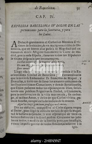 Death of Charles II of Spain (1661-1700). Official days of mourning in the city of Barcelona. Tears of Love, shed by the eminent City of Barcelona... in the magnificent mourning rituals dedicated to the beloved and venerated memory of her deceased King and Lord, don Carlos II ('Lagrimas amantes de la excelentissima ciudad de Barcelona, con que agradecida a las reales finezas y beneficios, demuestra su amor y su dolor, en las magnificas exequias que celebró a las amadas y venerables memorias de su difunto Rey y Señor, D. Carlos II'). By Josep Rocaberti. Edition in Barcelona, in the printing of Stock Photo