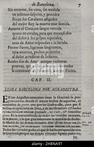 Death of Charles II of Spain (1661-1700). Official days of mourning in the city of Barcelona. Tears of Love, shed by the eminent City of Barcelona... in the magnificent mourning rituals dedicated to the beloved and venerated memory of her deceased King and Lord, don Carlos II ('Lagrimas amantes de la excelentissima ciudad de Barcelona, con que agradecida a las reales finezas y beneficios, demuestra su amor y su dolor, en las magnificas exequias que celebró a las amadas y venerables memorias de su difunto Rey y Señor, D. Carlos II'). By Josep Rocaberti. Edition in Barcelona, in the printing of Stock Photo