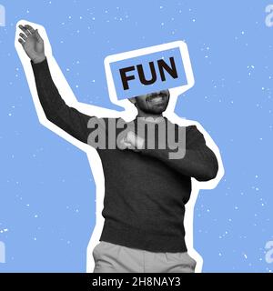 Contemporary art collage of cheerful smiling man having fun isolated over blue background. Text face element Stock Photo