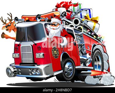 Cartoon retro Christmas firetruck, Santa and reindeer. Available eps-10 vector format separated by groups and layers for easy edit Stock Vector