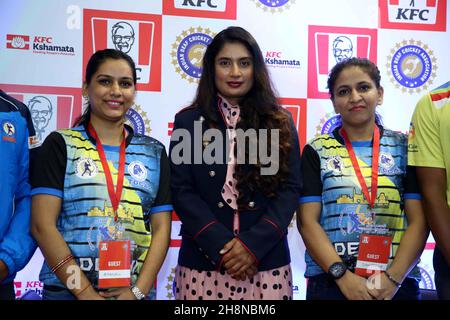 New Delhi, India. 30th Nov, 2021. Mithali Dorai Raj cricketer test and ODI captain of women's national cricket team along with the members of Indian Deaf Cricket Association During the partnership announce KFC with Indian Deaf Cricket Association (IDCA). (Photo by Jyoti Kapoor/Pacific Press) Credit: Pacific Press Media Production Corp./Alamy Live News Stock Photo