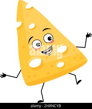 Cute cheese character with joyful emotions, happy face, smile, eyes, arms and legs. Fun dairy meal or snack. Vector flat illustration Stock Vector