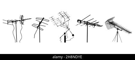 Television antenna icons set isolated on white background. Silhouettes of different television aerials. Tv antenna sign or symbol. Vector illustration Stock Vector
