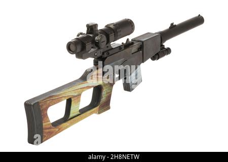 Special sniper rifle made of wood isolated on white background Stock Photo