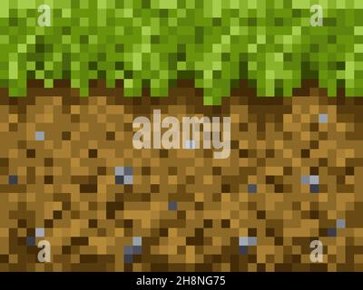 Pixel grass and ground blocks vector pattern of cubic pixel game background. Craft blocks with green, brown and grey 8 bit rough texture, arcade game Stock Vector