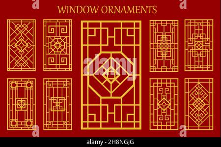 Asian korean, chinese and japanese window ornaments or embellishment. Vector traditional asian patterns for wall, door or window decor. Oriental vinta Stock Vector