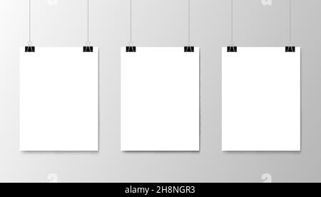 Hanging white paper posters mockup. Realistic sheets of paper on strings. Gallery exhibition, business presentation or shop showcase 3d vector blank p Stock Vector