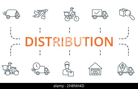 Distribution icon set. Collection of simple elements such as the time of delivery, online order, 13, air delivery, courier, distribution warehouse. Stock Vector
