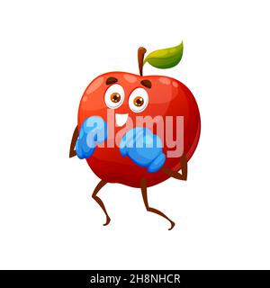 Red apple doing box sport exercises in boxing gloves isolated happy cartoon character on sportive workout. Vector summer fruit hobby sport activity, h Stock Vector