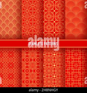 Asian seamless patterns. Korean, chinese and japanese ornaments, golden embellishments on red background. Vector traditional asian decorative textile, Stock Vector