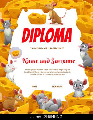 Cartoon funny mouses and cheese on kids diploma. Child education achievement award or certificate, graduation diploma with funny mouses or mice cartoo Stock Vector