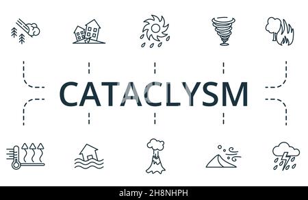Cataclysm icon set. Collection of simple elements such as the earthquake, eruption, risk management, corporate responsibility, reputation, criticism Stock Vector