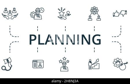 Planning icon set. Collection of simple elements such as the risk management, respond to customers, 13, criticism, crm, lead management. Stock Vector