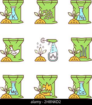 Granular fertilizers RGB color icons set Stock Vector
