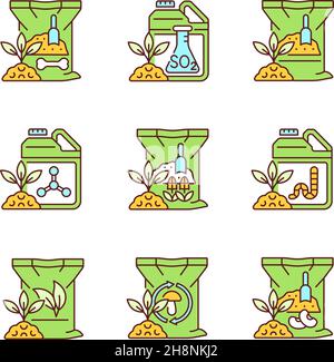 Natural fertilizers RGB color icons set Stock Vector
