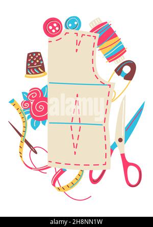 Illustration with needlework sewing items. Handicraft and hand made. Feminine creativity hobby and shopping. Stock Vector