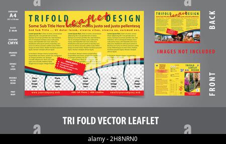 Tri fold leaflet design for service or product purpose, dimension A4, back page with bleed 3 mm, fully editable, editable text layers, ready to print. Stock Vector