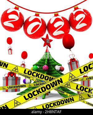 2022 Happy New Year Lockdown. Red New Year balls labeled 2022 on a red rope with fir tree and gifts on a white surface with yellow warning tapes