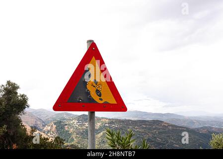 bullet holes in a road sign in the mountains of Crete, Oktober 14, 2021 Stock Photo