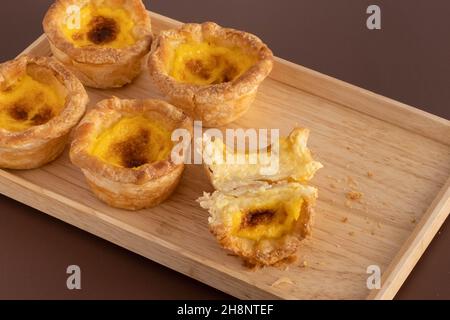 Quick Egg Tarts on wooden tray Stock Photo