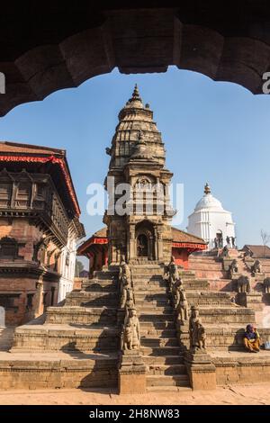 Stone guardians on the Siddhi Laxmi Hindu temple in Durbar Square. Medieval Newar city of Bhaktapur, Nepal. Stock Photo