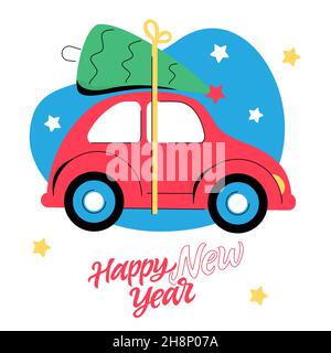 Carry Christmas tree by car - colorful flat design style illustration. Deliver the main New Year decoration home using transport. Winter holidays begi Stock Vector