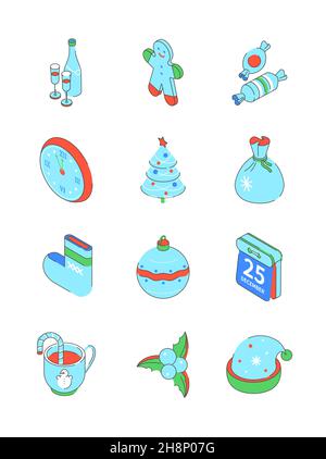 Happy New Year - colorful isometric icons set. Neat detailed images of Champagne, gingerbread, mistletoe, clock and traditional winter decorations. Sa Stock Vector