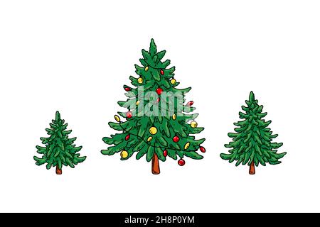 Set of hand drawn Christmas trees. Vector illustration Stock Vector